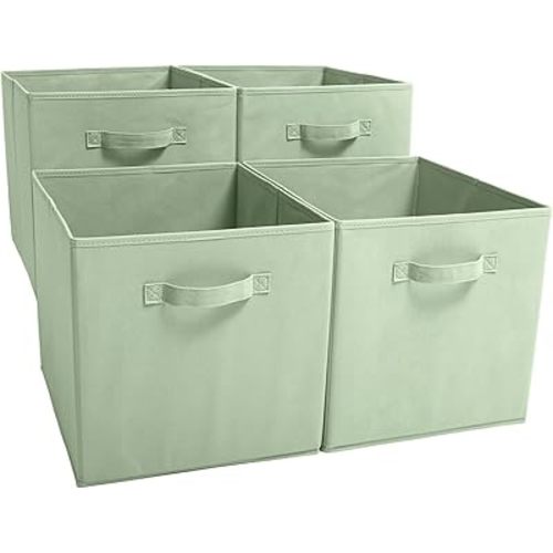 EZOWare Set of 4 Foldable Fabric Basket Bins, 13"x15"x13" Collapsible Storage Organizer Cube with Handle for Clothes Nursery Toys - Pastel Green