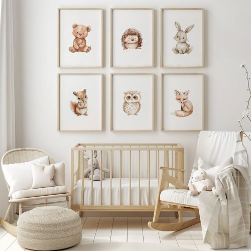 Woodland Nursery Prints | Forest Animals Bear Bunny Owl Fox Squirl Hedgehog Nursery Decor Beige Neutral Woodland Wall Art