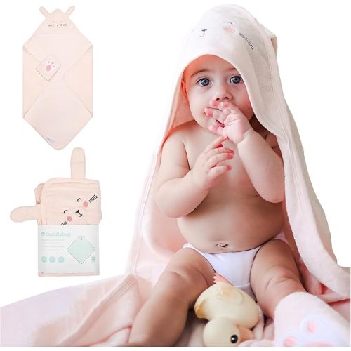 CuddleBug Premium Hooded Baby Bath Towel & Washcloth Set (Bear) - 100% Cotton Terrycloth Hooded Baby Towels for Newborn & Toddler - Super-Soft & Absorbent, Newborn Essentials (33" x 33") - Honey Beige