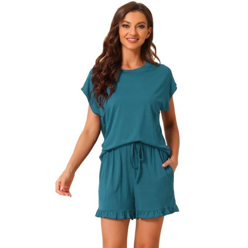 cheibear Women's Summer Soft Short Sleeves Tops with Ruffle Shorts Lounge Pajamas Sets Green Large