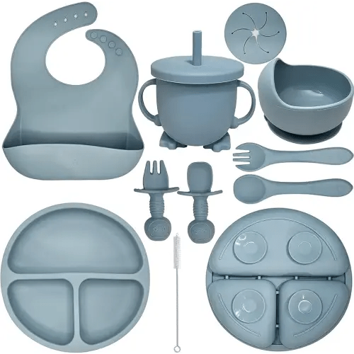 Baby Led Weaning Supplies | 10 Piece Silicone Baby Feeding Set | Baby Toddler Bib Cup Divided Plate and Bowl Self Feeding Spoons Dish Set | Baby Utensils | Toddler Feeding Supplies (Sky)