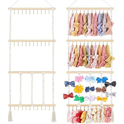 Dahey Headband Holder Bow Hanger for Girls Hair Bows, Macrame Headbands Hair Accessories Hanger Necklace Display with 30 Hooks Wall Hanging Over Door Organizer Boho Nursery Decor for Baby's Room