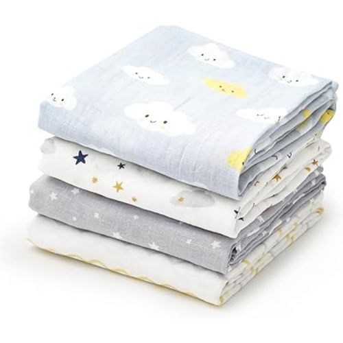 david's kids 4 Pack Baby Muslin Swaddle Blankets, 100% Cotton Swaddling Blankets Wrap for Boys Girls, Ultra Soft Breathable Receiving Blanket, New Born Essentials,Clouds