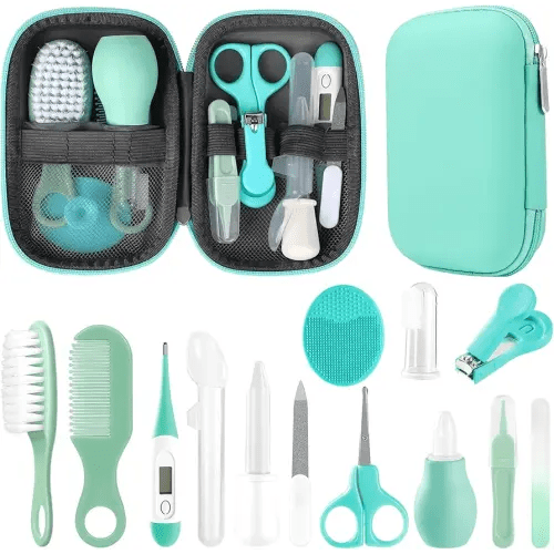 Baby Grooming Kit, Infant Safety Care Set with Hair Brush Comb Nail Clipper Nasal Aspirator,Baby Essentials Kit for Newborn Girls Boys (Green)