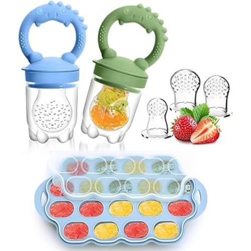 Silicone Baby Fruit Feeder & Breastmilk Popsicle Molds Freezer Tray with Lid, 2 Pack Baby Food Feeder to Teething Relief, Introduce New Foods, Self Feeding, Includes 6 Food Pacifiers (Blue+Green)