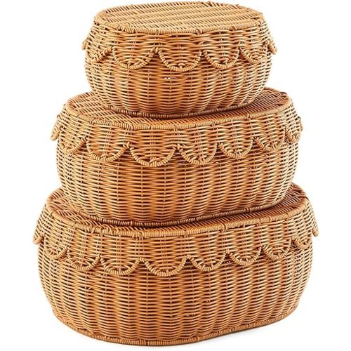 Juexica 3 Pcs Scalloped Basket with Lid Hand Woven Wicker Basket Set 18 x 14 x 6 Inch Rattan Storage Basket, Decorative Scalloped Edge Basket for Bread Picnic Table Bathroom Decor