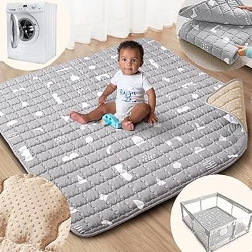 Baby Play Mat, 50x50 Playpen Mat with Super Soft Touch, Activity Mat with Upgraded Anti-Slip Bottom, Machine Washable Crawling Mat for Floor & Picnic (Boho Gray)