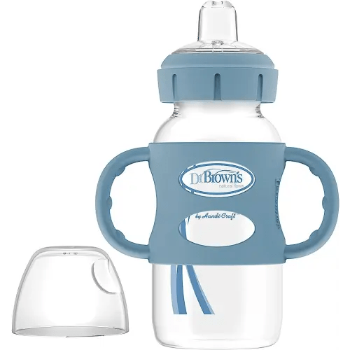 Dr. Brown's Milestones Wide-Neck Sippy Spout Bottle with 100% Silicone Handles, Easy-Grip Handles with Soft Sippy Spout, 9oz/270mL, Light-Blue, 1-Pack, 6m+