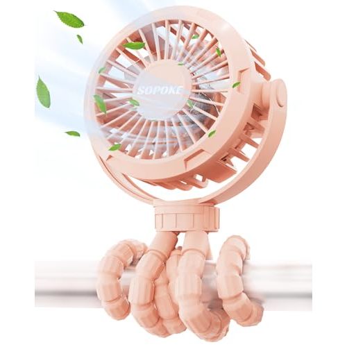 SOPOKE Mini Portable Baby Stroller Fan,3 Speed Personal Handheld Fan,Battery Operated Rechargeable 360° Flexible Tripod Cooling Fan, Suitable for Car Seat Crib Treadmill Golf Cart Travel(Pink)