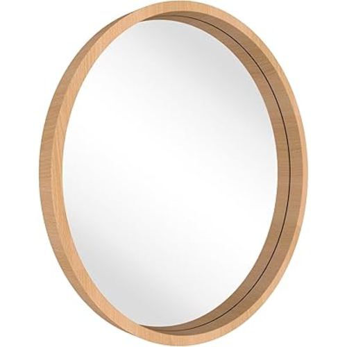 Wood Round Mirror 27" Circle Wall Mirror Farmhouse Bathroom Vanity Mirror for Living Room Bedroom Entryway Modern Decoration (27" Freely Natural Beech Wood)