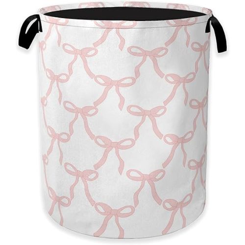 Pink Bow Laundry Basket,Princess Girls Clothes Hamper,Oxford Cloth Collapsible Nursery Hamper Storage Organization for Bedroom,Bathroom,Office,College Dorms,16x20 Inch