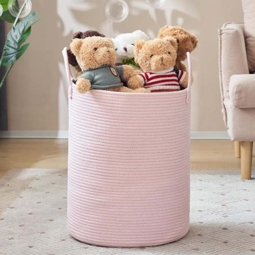 ColourTree Pink Woven Rope Laundry Hamper Basket, 58L Tall Laundry Basket for Blanket Organizer- Clothes Hamper for Bedroom Storage