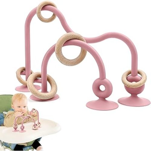 Baby Sensory Teething Chew High Chair Suction Toys for Infant Toddlers 6 12 18 24 Months, Food Grade Silicone Teether with Oak Loop Montessori Educational Baby Bath Toy Gifts (Dark Pink)