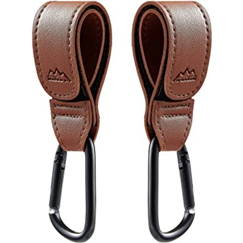 Stroller Hooks Bag Hooks for Hanging Diaper Bags,2 Pack Brown Mommy Hooks for Shopping,Stroller Clips for Bags, Stroller Leather Straps,Baby Stroller Hook