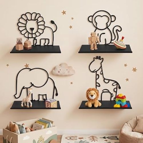 Sieral 4 Pack Small Safari Animals Floating Shelves Metal Detachable Mini Wall Shelf Decorative Nursery Decor for Room Bedroom Living Room Bathroom