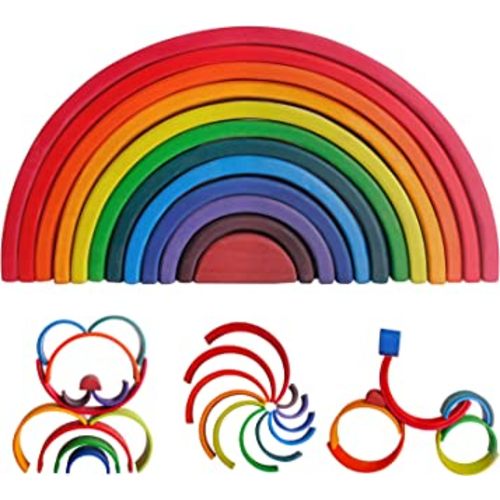 SHIERDU Wooden Rainbow Stacking Toy, 12-Piece Wooden Building Block Set, Wooden Building Block Nesting Puzzle, Early Childhood Matching Education and Learning Montessori Toys 3 4 5 6 Years Old