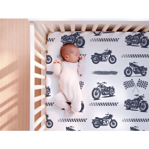 Motorcycle Crib Sheets, Motorcycle Racing Nursery Theme, Baby Boy Crib Bedding, Checkered Crib Sheet, Baby Shower Gift For Boy, Navy Blue