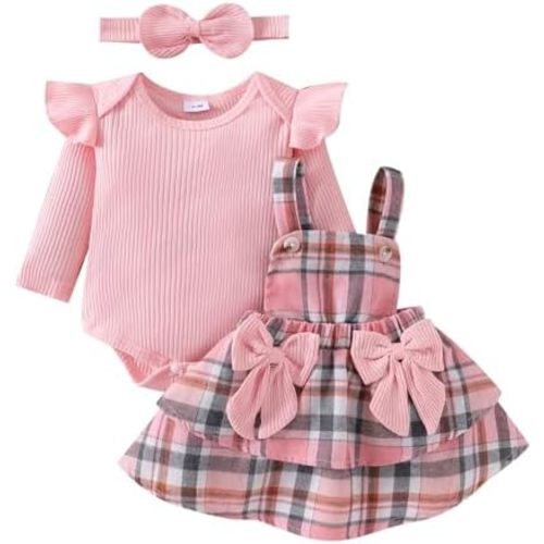 Baby Girl Clothes Fall Winter Outfit Long Sleeve Ruffle Romper Plaid Skirt Bow Headband 3 Pcs Set 0-18 Months