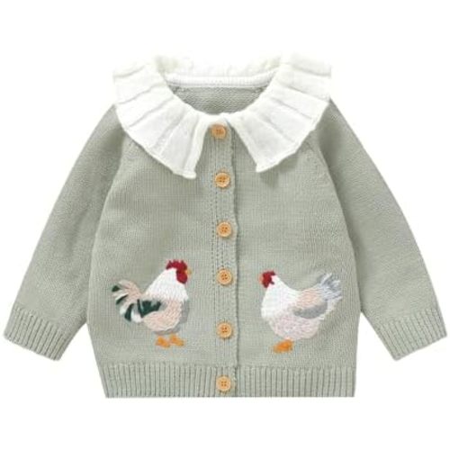 Baby Girl Sweater Cardigan Rooster Embroidery Doll Collar Long Sleeve Button Down Tops Fall Winter Cute Clothes