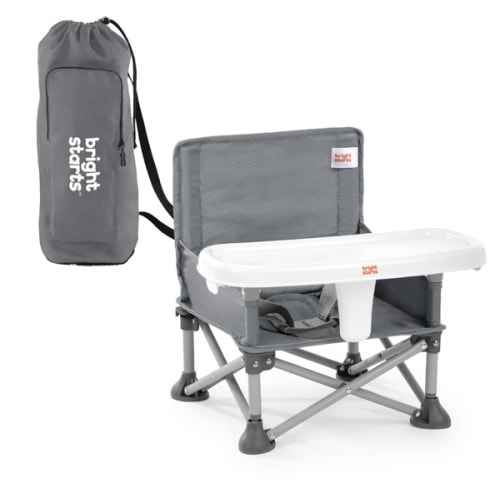 Bright Starts Pop 'N Sit Portable Booster, Indoor/Outdoor Use, Floor Seat with Feeding Tray, Grey, 6 Mos - 3 Yrs