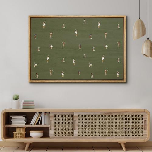 Framed Canvas Wall Art Abstract Green Tiny Golfers People Art Print Vintage Minimalist Modern Office Wall Decor Poster Gift for Golfer
