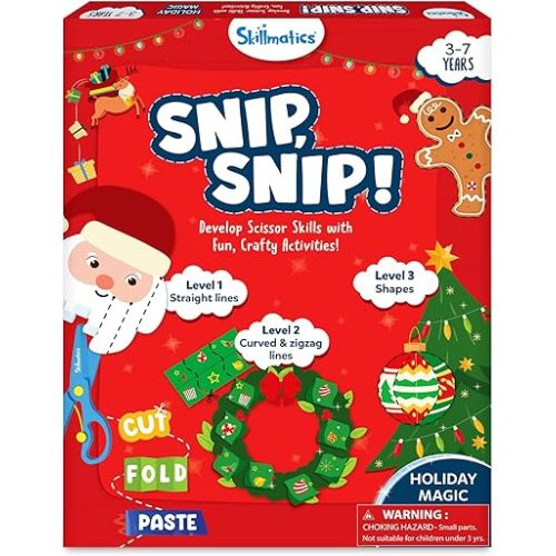 Skillmatics Scissor Skills Activity Book - Snip Snip Christmas, 25 Fun Cutting & Creative Activities for Preschoolers, 2 Child-Safe Scissors, Felt Craft Kit, Gifts for Kids Ages 3, 4, 5, 6, 7