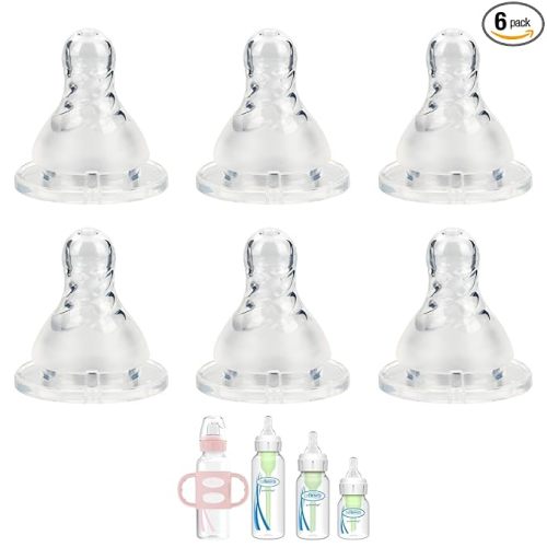 Silicone Nipple for Dr. Brown’s Natural Flow Level 1 Narrow Baby Bottle, Slow Flow, 0m+, 6 Count