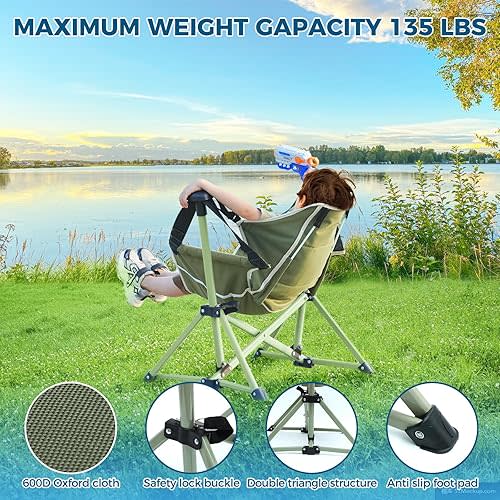 Kids Hammock Chair - Adjustable Folding Chair with Stand, Portable for Camping, Travelling and Patio, Green, Supports 135 LBS
