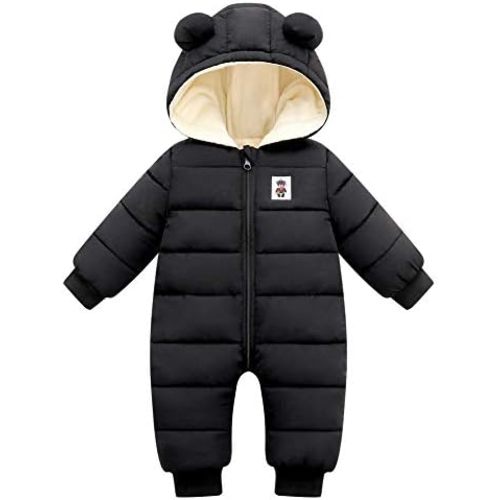 Unisex Baby Snowsuit Infant Cute Bear Hooded Winter Warm Flannel Lining Romper