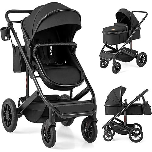 BABY JOY 2 in 1 Convertible Baby Stroller, High Landscape with Bassinet Mode, Reversible Seat, Adjustable Canopy, Cup Holder, Diaper Bag, Foldable Infant Newborn Pram Stroller for 0-36 Months (Black)