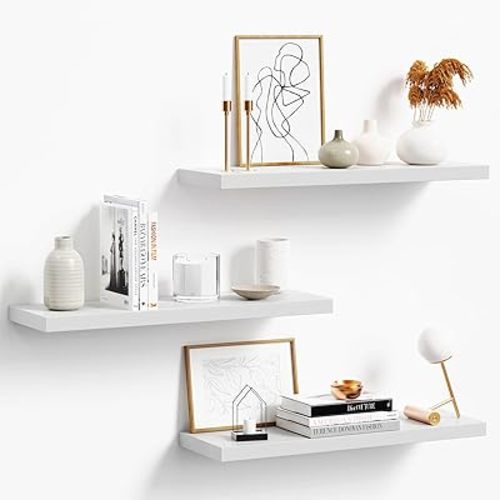Floating Shelves for Wall, White Wood Wall Shelf Set of 3, 24" Wall Mounted Floating Shelf for Kitchen, Living Room, Bedroom, Bathroom Storage, Book Shelf for Wall Home Decor, Frame Display