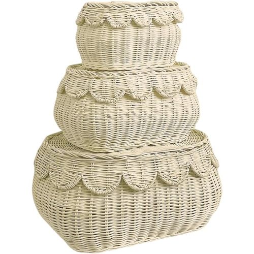 Scalloped Basket with Lid Set of 3,Stackable Baskets for Organizing, Scalloped Wicker Basket, Woven Basket With Lid, Rattan Storage Baskets with Lid, Basket With Lid Decorative Storage