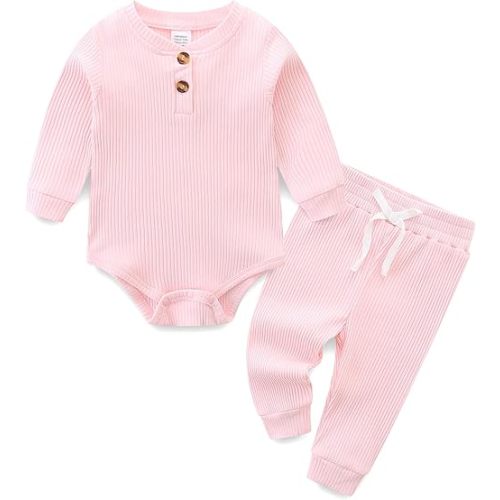 Unisex Baby Outfits Long Sleeve Onesie Snug Ribbed Cotton Bodysuit Infant Solid Tops Pants 2PCS