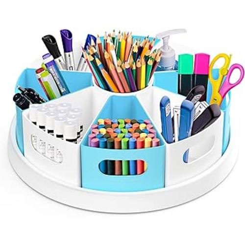 MeCids 360°Rotating Desk Organizers Homeschool Office Organization and Storage Art Supplies Organizers– 12" Lazy Susan Style Caddy with Removable Bins, for Home Offices, School Supplies Classroom Use