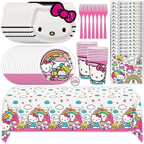 Hello Kitty Birthday Decorations & Party Supplies | Hello Kitty Plates and Napkins, Cups, Tablecloth, Forks, Sticker | Serves 16 Guests | Officially Licensed