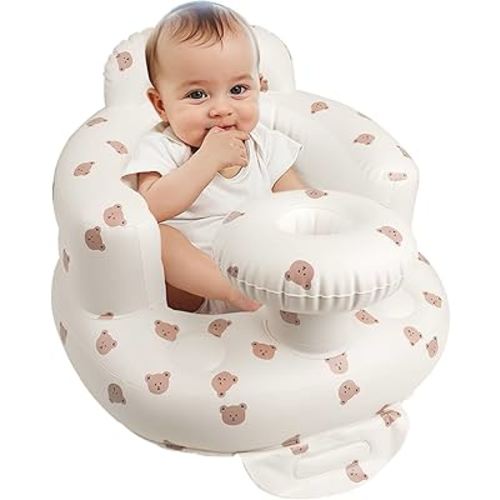 Inflatable Baby Seat for Babies 3 Months & Up, Baby Floor Seats for Sitting Up, Baby Seats for Infants, Blow Up Baby Chair with Built in Air Pump - BearHead with Tray