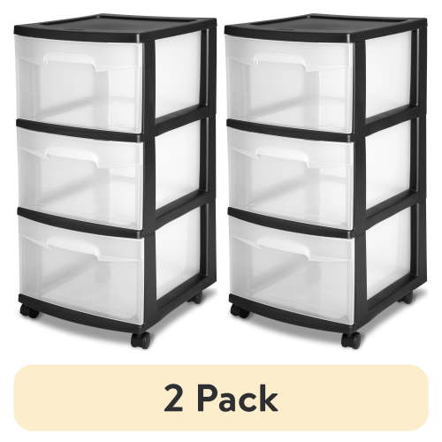 (2 pack) Sterilite Storage Drawer, 3 Drawer Slim Plastic Storage Cart with Clear Pull Out Drawers, Black