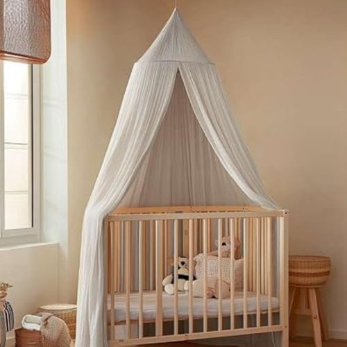 100% Cotton Kids Bed Canopy for Child Bedroom | Pom Pom String Accessory & Nursery Crib Hanging Curtain | Mosquito Net Bedding for Girls Play Room Decoration | Reading Nook Canopies Toddler Dome Tent