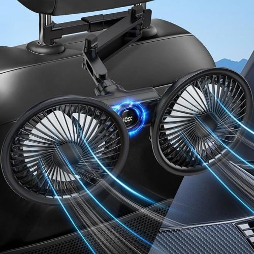Rechargeable Car Fan for Backseat Kids Baby, Battery Powered USB car seat Fans with LED Display, Powerful 3 Speeds 360° Rotation Dual Head headrest Air Cooling fan for Vehicle SUV Truck Sedan