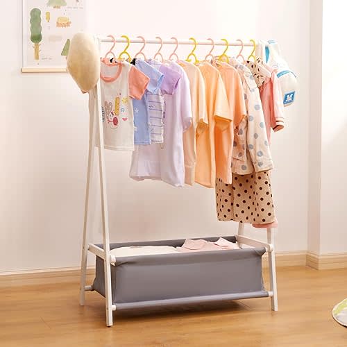 Kids Clothing Rack with Storage Box, Dress up Holder, Child Garment Stand with Hanging Rods, Small and Foldable, Bamboo (White)