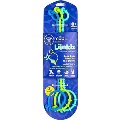 Mobi Liinklz Silicone Tethers - Toy Straps for Baby, Stroller Toy Straps, Baby Toy Holder, Toy Safety Straps, High Chair, Flexible & Soft, Easy to Connect, 0 Months+ - Cool Colors (Pack of 3)