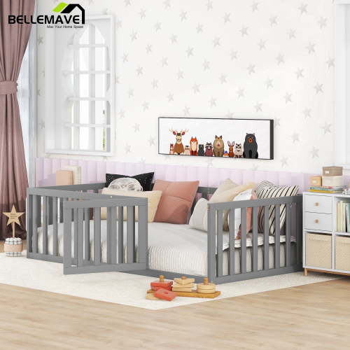 Bellemave Twin Size Montessori Floor Bed, Low Wood Frame with Fence and Door, Gray