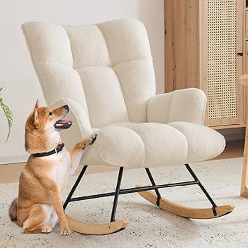 Nursery Rocking Chair Teddy Upholstered Glider Rocker Rocking Accent Chair with High Backrest Comfy Armchair with Padded Seat Soft Side Chair for Living Room Bedroom Office (Ivory Teddy)