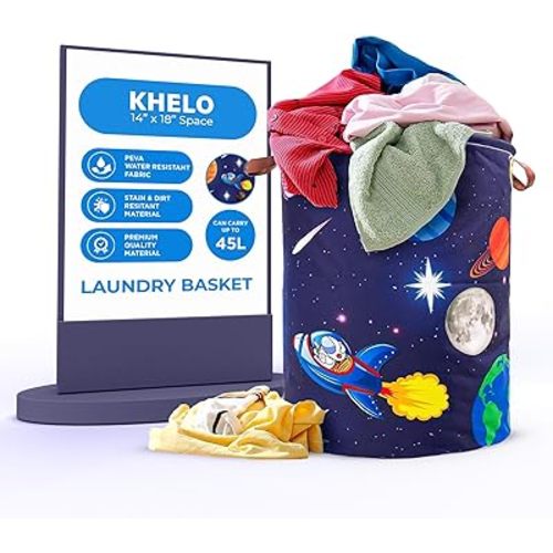 Khelo Kids Laundry Basket - Astronaut Space Rocket Themed - Canvas Hamper, Kids Clothes Storage for Boys, Girls -& Toddler - Waterproof Foldable Laundry Basket with Handles, 45L