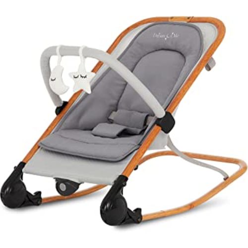 Dream on Me Rock with me 2-in-1 Rocker and Stationary Seat | Compact Portable Infant Rocker with Removable Toys Bar & Hanging Toys in Grey