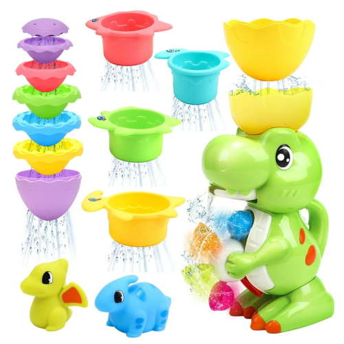 JoyStone 9 Pcs Dinosaur Bath Toy Set for Toddlers 1-3 Years, Spin Wheel & Watering Bottle