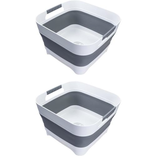 2pcs 2.4 Gal Collapsible Wash Basin with Drain Plug - 9L Dish Pan for Baby Bottle Soak, Foldable Sink, Multi-Purpose Bucket - Ideal for Camping, RV, Vegetable Washing, Ice Tub & Beverages