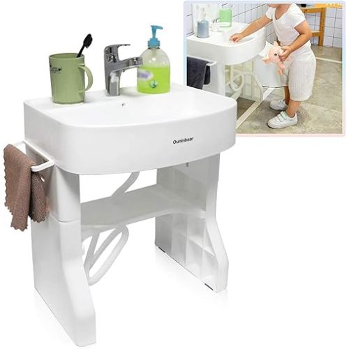 HTTMT- Adjustable Wash Basin Station For Child Kid Toddler Early Training Learning Plastic Washbasin Simulation Towel Shelf Washstand Self Care [P/N: ET-BABY007-WHITE]