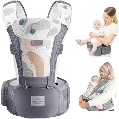 Bebamour Baby Carrier Newborn to Toddler-Baby Hip Carrier Front and Back Carry with Head Hood & 3 Pieces Teething Pads& Waist Extenders & Storage Bag(Grey)