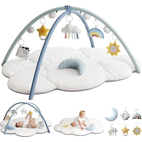 Oversized Baby Play Gym with 5 Detachable Toys & Tummy Time Pillow – Soft Cloud-Shaped Baby Play Mat for Newborns, Promotes Motor Skills & Sensory Development, Ideal Baby Gift